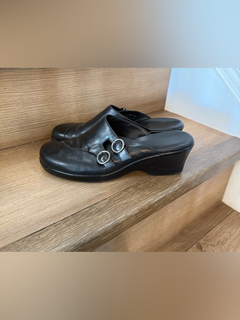 Clarks Black Leather Wedge Mules with Decorative Buckles - Women size 10 - Picture 2 of 5